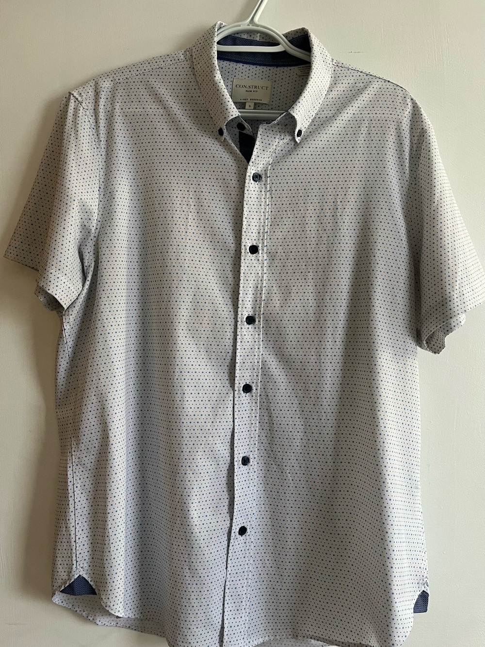 Construct Casual Short-Sleeve Button-Down Shirt in White with Navy Dots